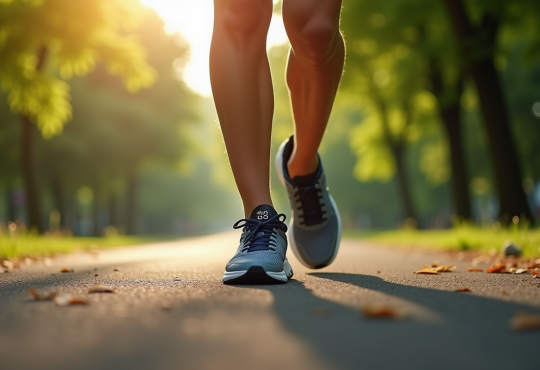 Chaussures de sport marche dans un parc au matin avec montre connectée