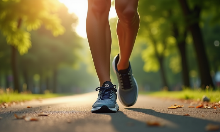 Chaussures de sport marche dans un parc au matin avec montre connectée