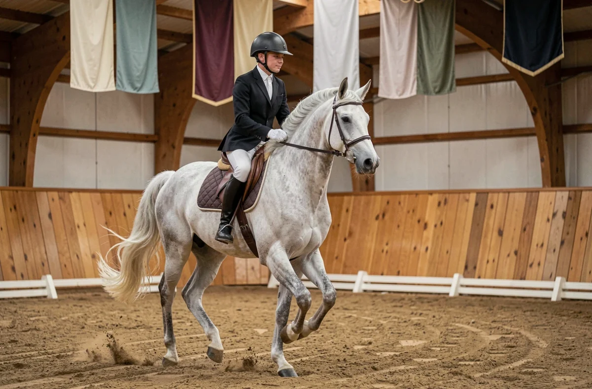 Cheval lipizzan gris en canter collecté dans un manège traditionnel avec une cavalière en tenue de dressage classique