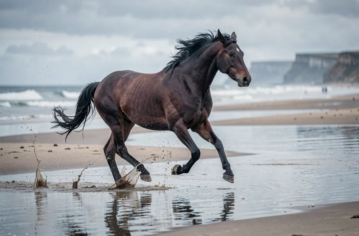 Cheval bai foncé galopant librement sur une plage de sable humide, sabots éclaboussant l'eau en bord de mer