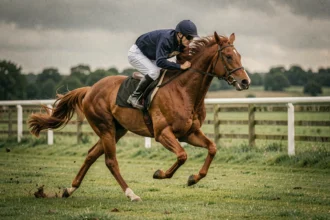 Cheval alezan au grand galop dans un champ vert avec un jockey en silks marine, muscles tendus et crinière au vent