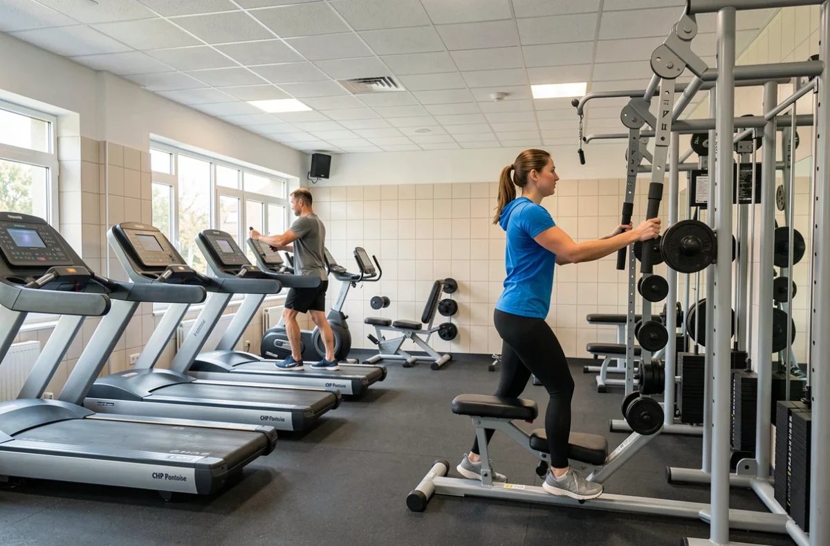 Salle de fitness du CHP Pontoise avec équipements de musculation et cardio dans un cadre municipal