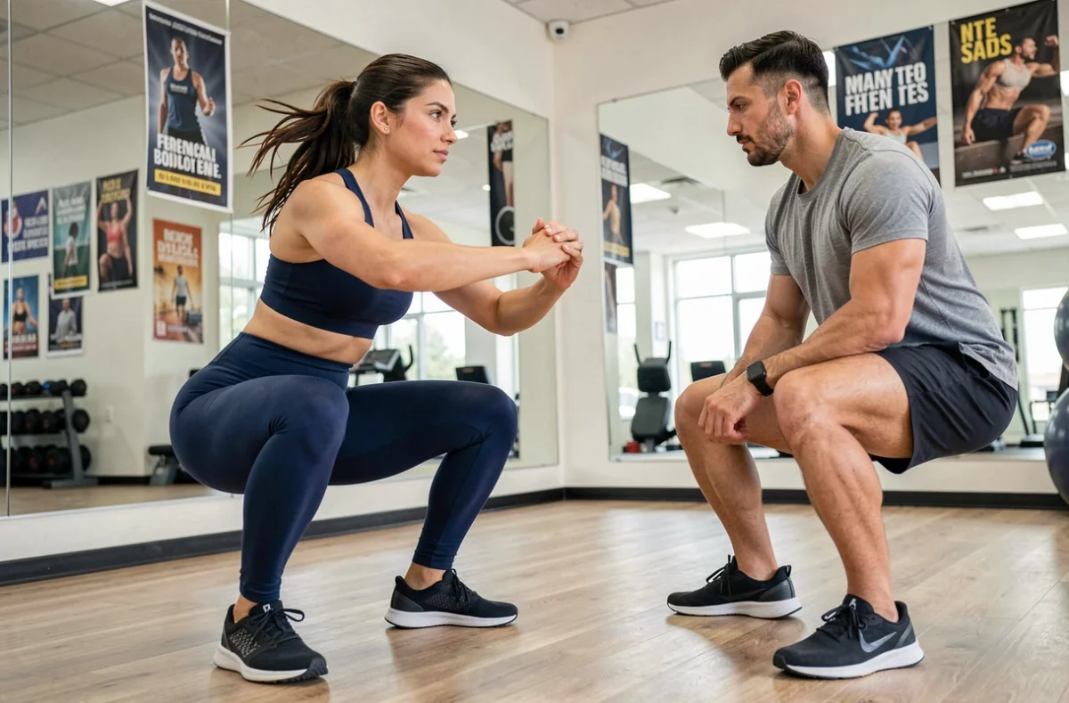Coach sportive féminine corrigeant la posture d'un client lors d'une séance d'entraînement fonctionnel en salle, prévention des blessures sportives