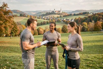 Groupe de coachs sportifs professionnels réunis en plein air dans le Haut-Rhin, illustrant le top 10 des coachs de la région