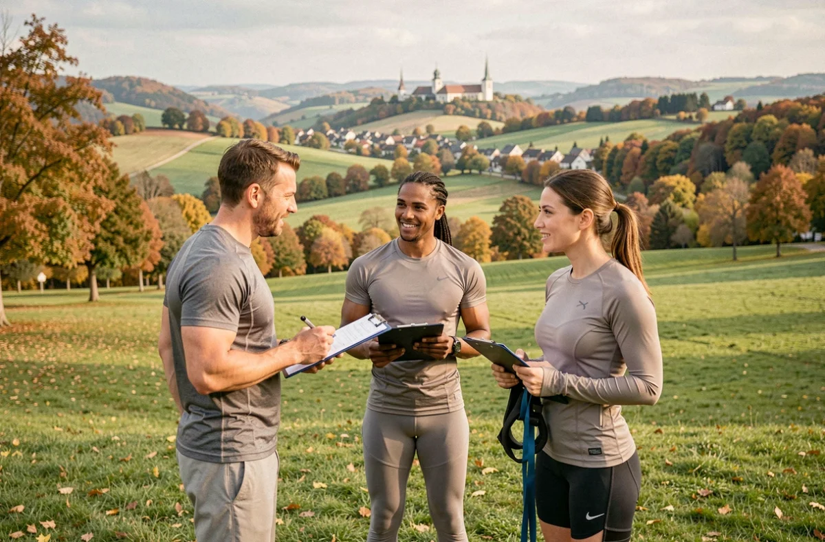 Groupe de coachs sportifs professionnels réunis en plein air dans le Haut-Rhin, illustrant le top 10 des coachs de la région