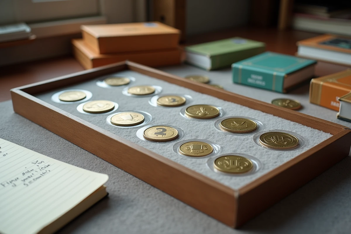 Plateau de collection numismatique avec pièces de 2 euros JO 2026 en capsules, carnet d'inventaire et guide de référence