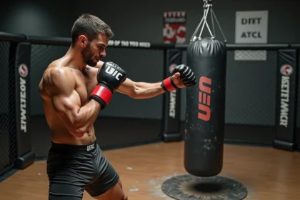Combattant MMA s'entraînant au shadow boxing dans une salle de sport UFC professionnelle pour préparer une montée de catégorie