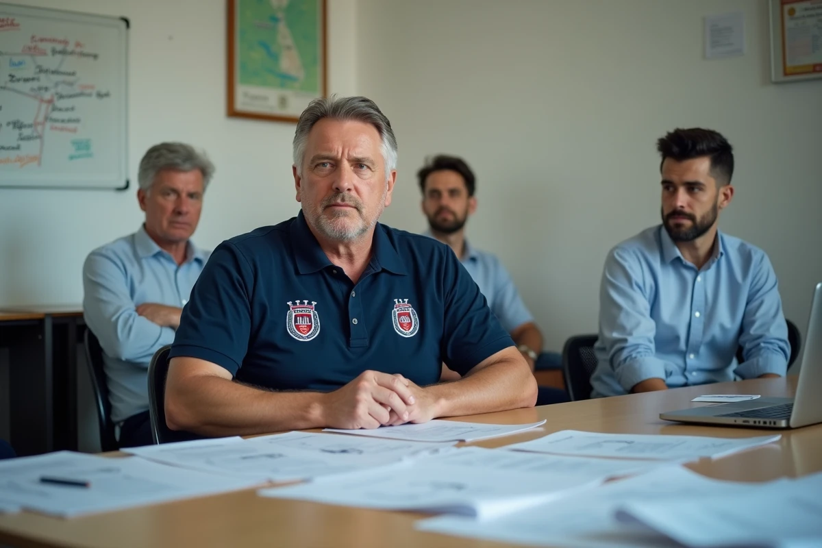 Réunion de commission interne du Comité Drôme Ardèche Football avec des bénévoles autour d'une table de travail couverte de documents officiels