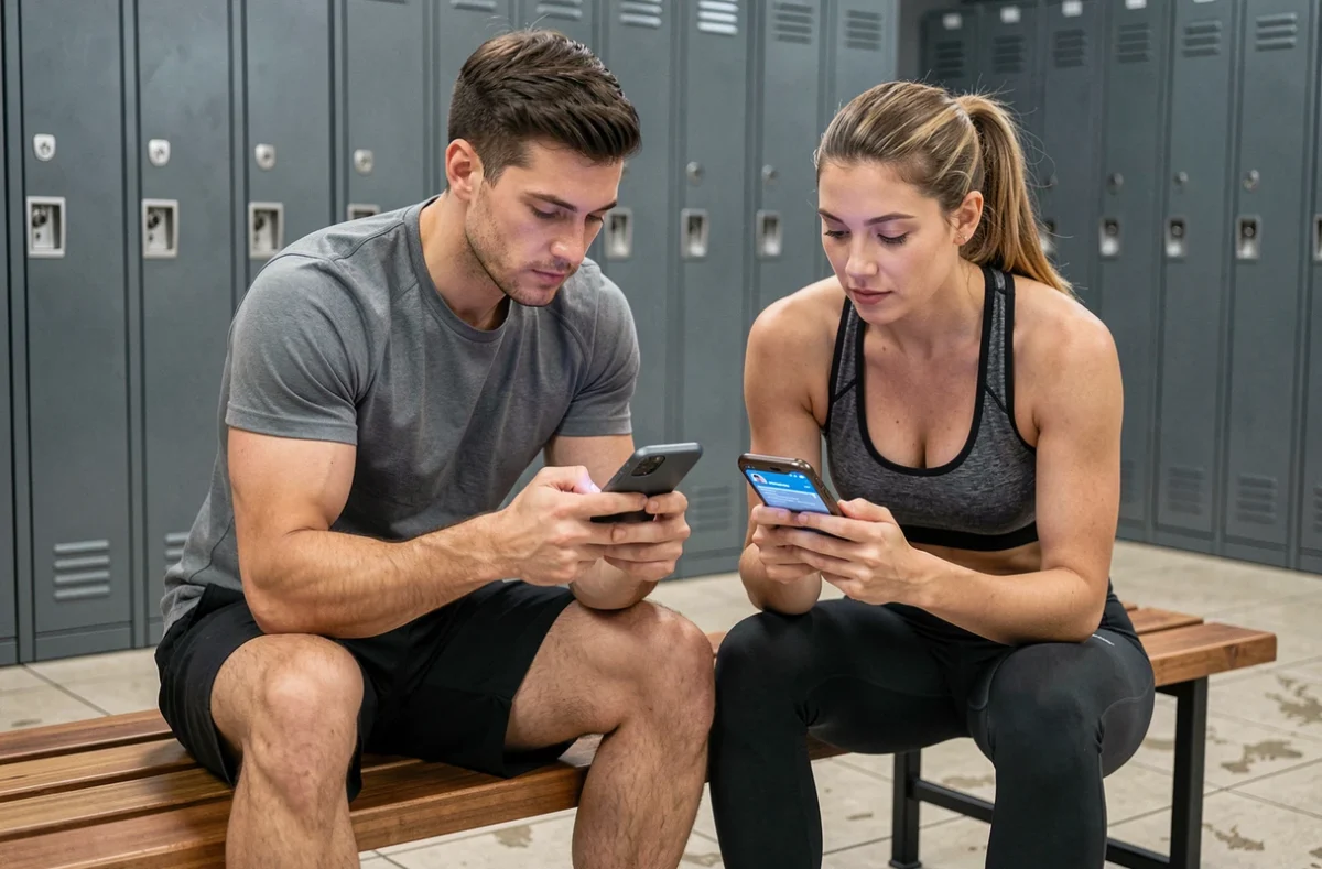 Deux sportifs comparant les offres d'abonnement Basic Fit et Fitness Park sur smartphone dans un vestiaire de salle de sport