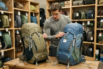 Homme comparant deux sacs à dos 70L dans un magasin de randonnée, modèle entrée de gamme vs haut de gamme