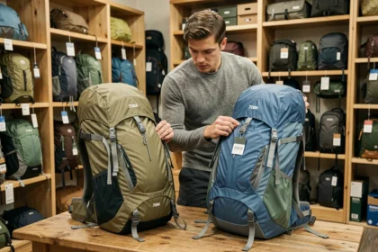Homme comparant deux sacs à dos 70L dans un magasin de randonnée, modèle entrée de gamme vs haut de gamme