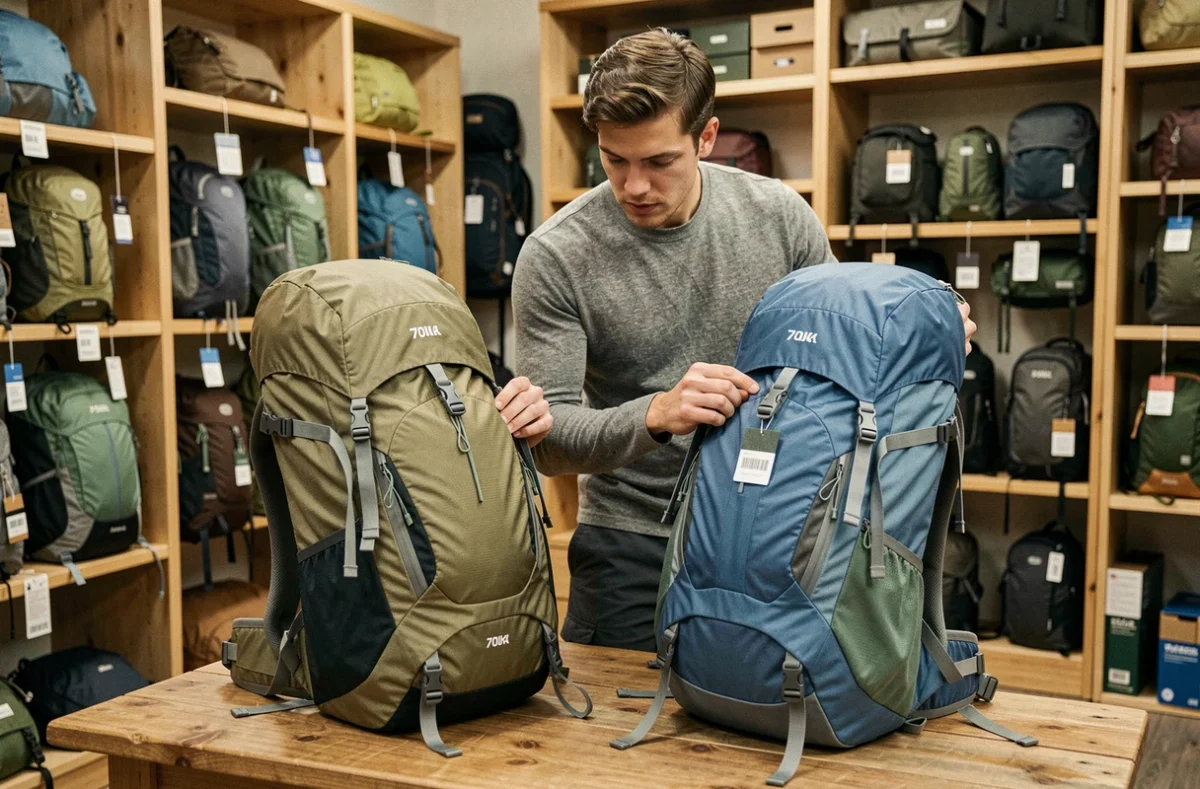 Homme comparant deux sacs à dos 70L dans un magasin de randonnée, modèle entrée de gamme vs haut de gamme