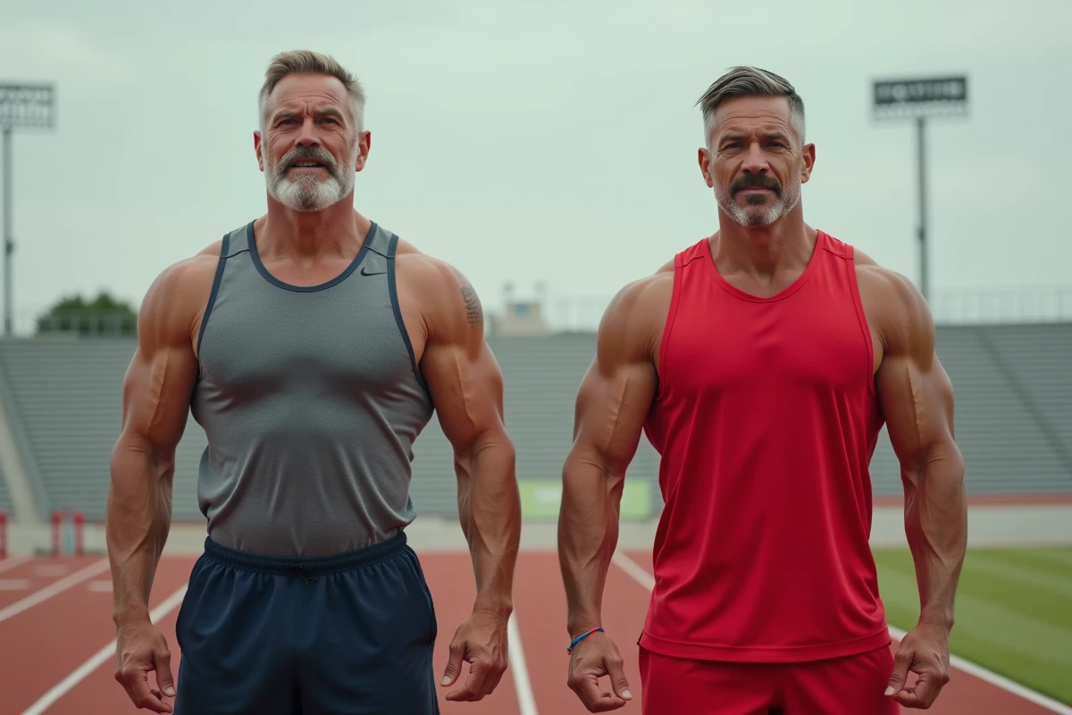 Comparaison de gabarit entre deux athlètes professionnels imposants sur une piste de stade, évoquant la différence de taille et de poids entre The Rock, Schwarzenegger et John Cena