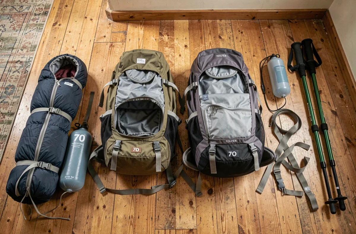 Vue à plat de deux sacs à dos 70L ouverts comparant l'organisation et la qualité des matériaux entre modèle économique et premium