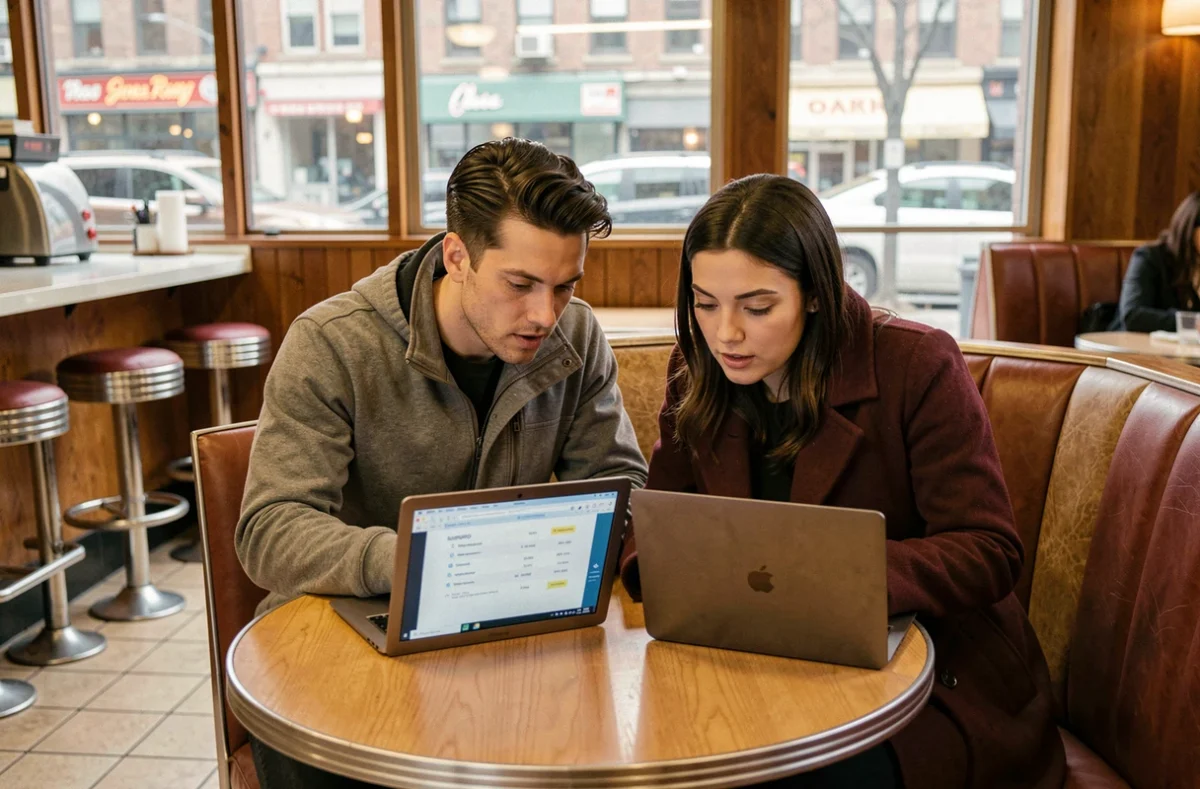 Couple comparant les prix des billets de basket sur des ordinateurs portables dans un café new-yorkais