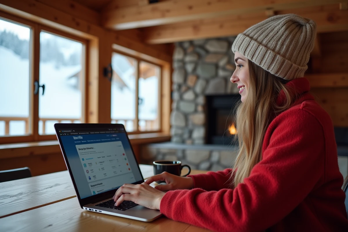 Femme comparant les prix des forfaits La Plagne sur un ordinateur dans un chalet de montagne
