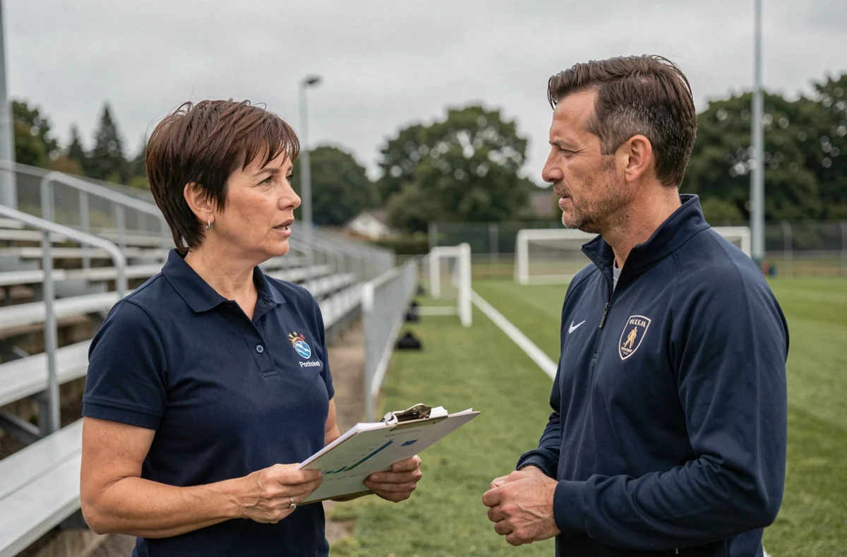 Conseillère d'une County Sports Partnership échangeant avec un entraîneur de club sur le bord d'un terrain de football lors d'un accompagnement au développement