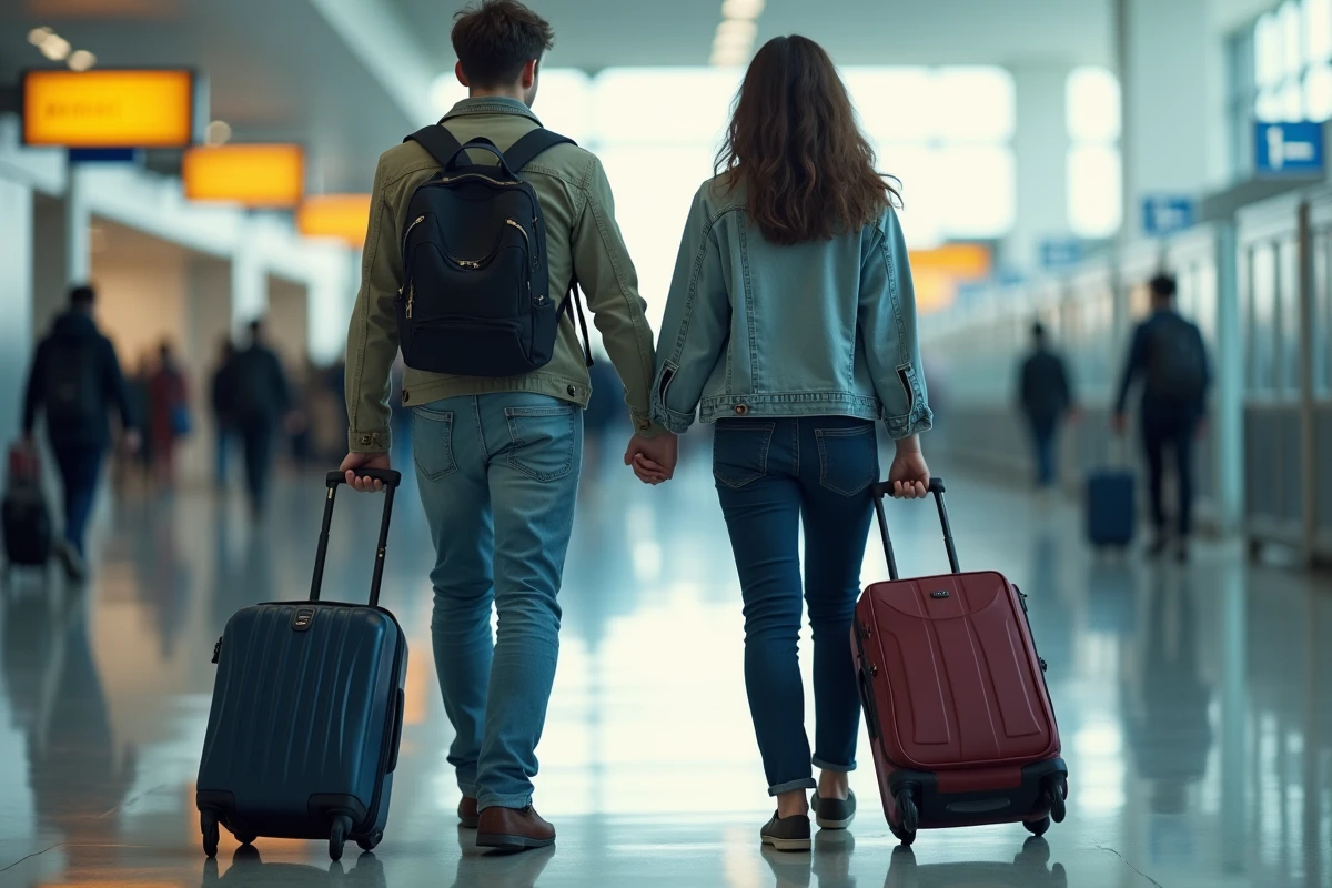 Couple marche main dans la main dans un aéroport animé