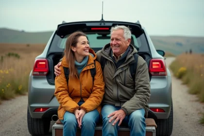 Couple souriant assis sur une voiture de rallye en campagne