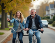 Couple souriant en tandem sur une rue calme