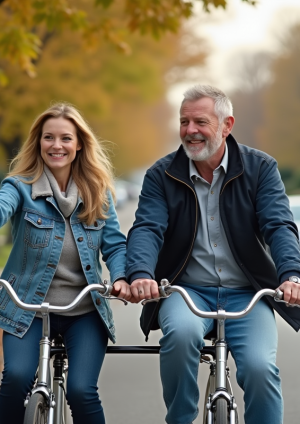 Couple souriant en tandem sur une rue calme