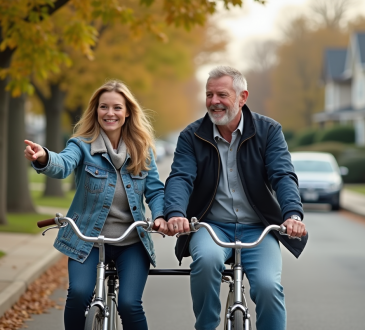 Couple souriant en tandem sur une rue calme