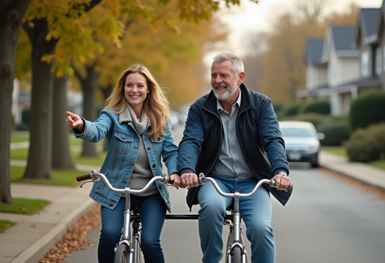 Couple souriant en tandem sur une rue calme