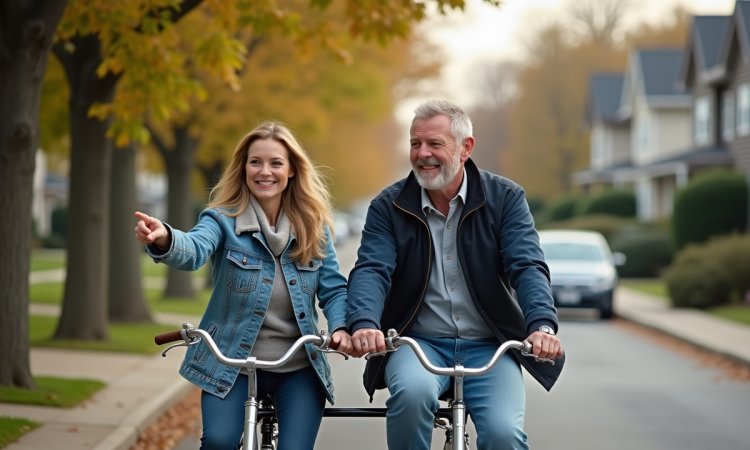 Couple souriant en tandem sur une rue calme