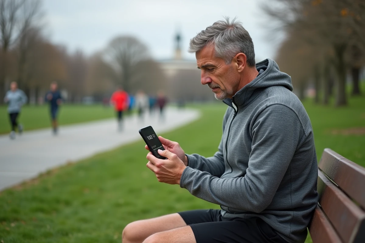 Coureur masculin analysant ses données de vitesse en km/h et allure en min/km sur une application mobile après un entraînement