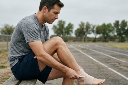 Coureur appliquant un bandage élastique sur son tendon d'Achille lors d'une pause d'entraînement sur une piste de course