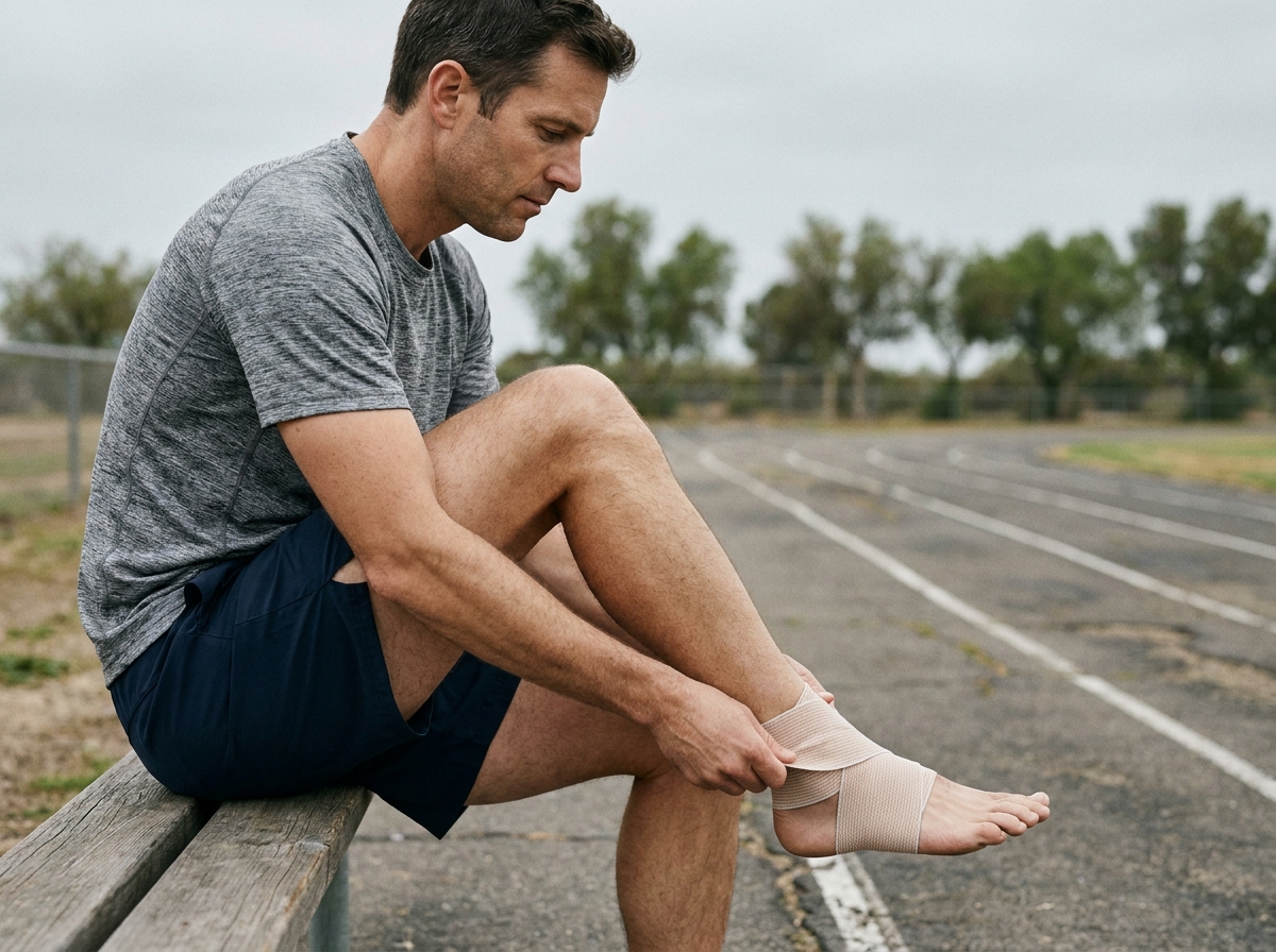 Coureur appliquant un bandage élastique sur son tendon d'Achille lors d'une pause d'entraînement sur une piste de course