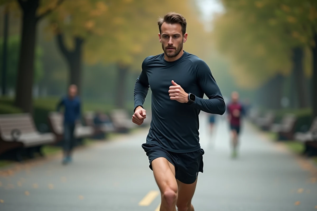 Coureur masculin consultant sa montre GPS pendant un entraînement en ville pour suivre son allure en min/km