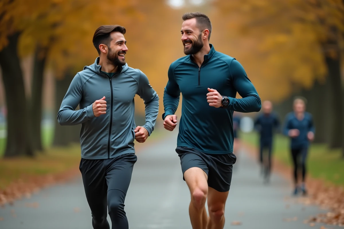Deux coureurs comparant leurs pas et kilomètres sur une montre connectée lors d'un défi sportif entre amis dans un parc urbain