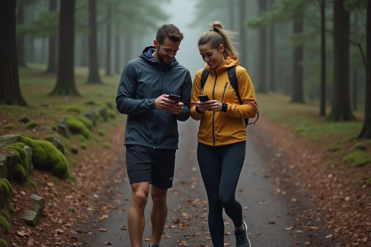 Deux coureurs sur un sentier forestier consultant les données de vitesse et d'allure sur un smartphone après un entraînement