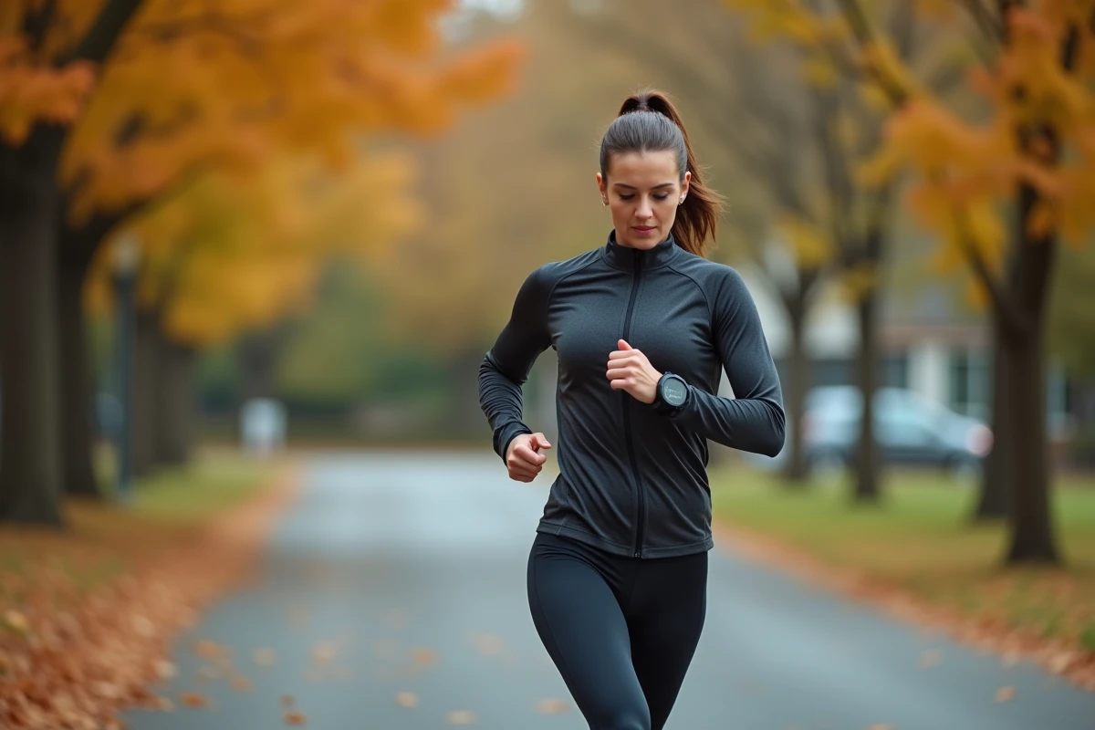 Coureuse vérifiant sa montre GPS avec allure en min/km lors d'un entraînement sur sentier automnal