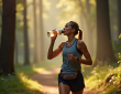 Coureur s'arrêtant en forêt avec bouteille d'eau et encas santé