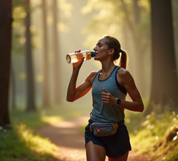 Coureur s'arrêtant en forêt avec bouteille d'eau et encas santé