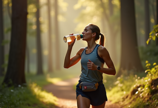Coureur s'arrêtant en forêt avec bouteille d'eau et encas santé