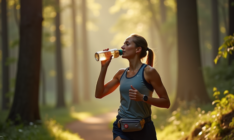 Coureur s'arrêtant en forêt avec bouteille d'eau et encas santé