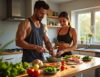 Couple en tenue de sport préparant un repas sain dans une cuisine lumineuse