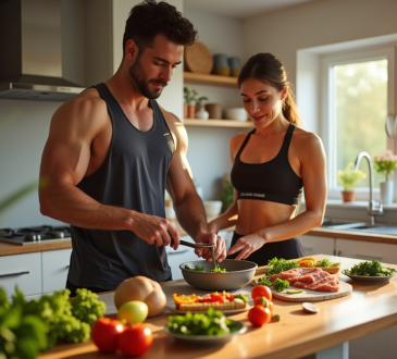 Couple en tenue de sport préparant un repas sain dans une cuisine lumineuse