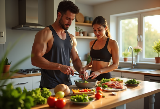 Couple en tenue de sport préparant un repas sain dans une cuisine lumineuse