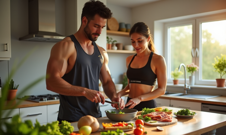Couple en tenue de sport préparant un repas sain dans une cuisine lumineuse