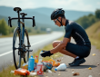 Jeune homme en tenue de cyclisme à côté d un vélo sur la route en train de jeter une bouteille plastique dans une poubelle débordante