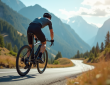 Cycliste électrique en montée sur une route de montagne en plein jour