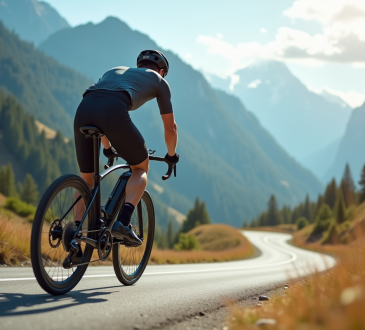 Cycliste électrique en montée sur une route de montagne en plein jour