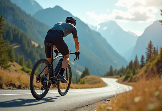 Cycliste électrique en montée sur une route de montagne en plein jour