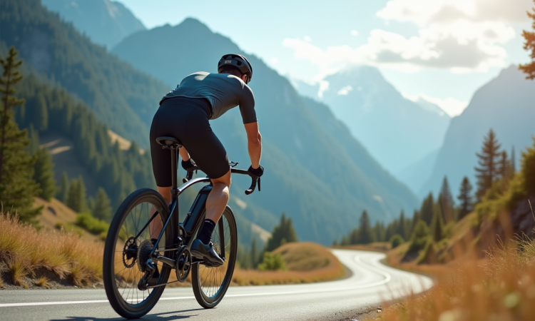 Cycliste électrique en montée sur une route de montagne en plein jour