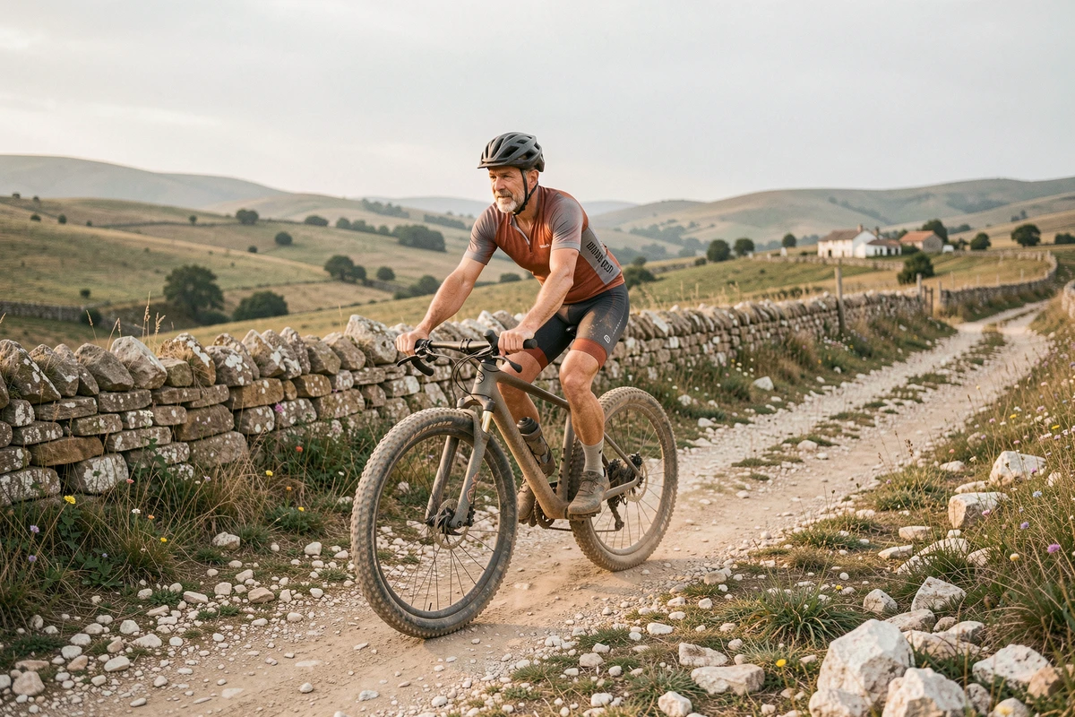 Cycliste gravel en kit terracotta sur piste de terre vallonnée avec murets en pierres sèches et fleurs sauvages, vélo à pneus larges