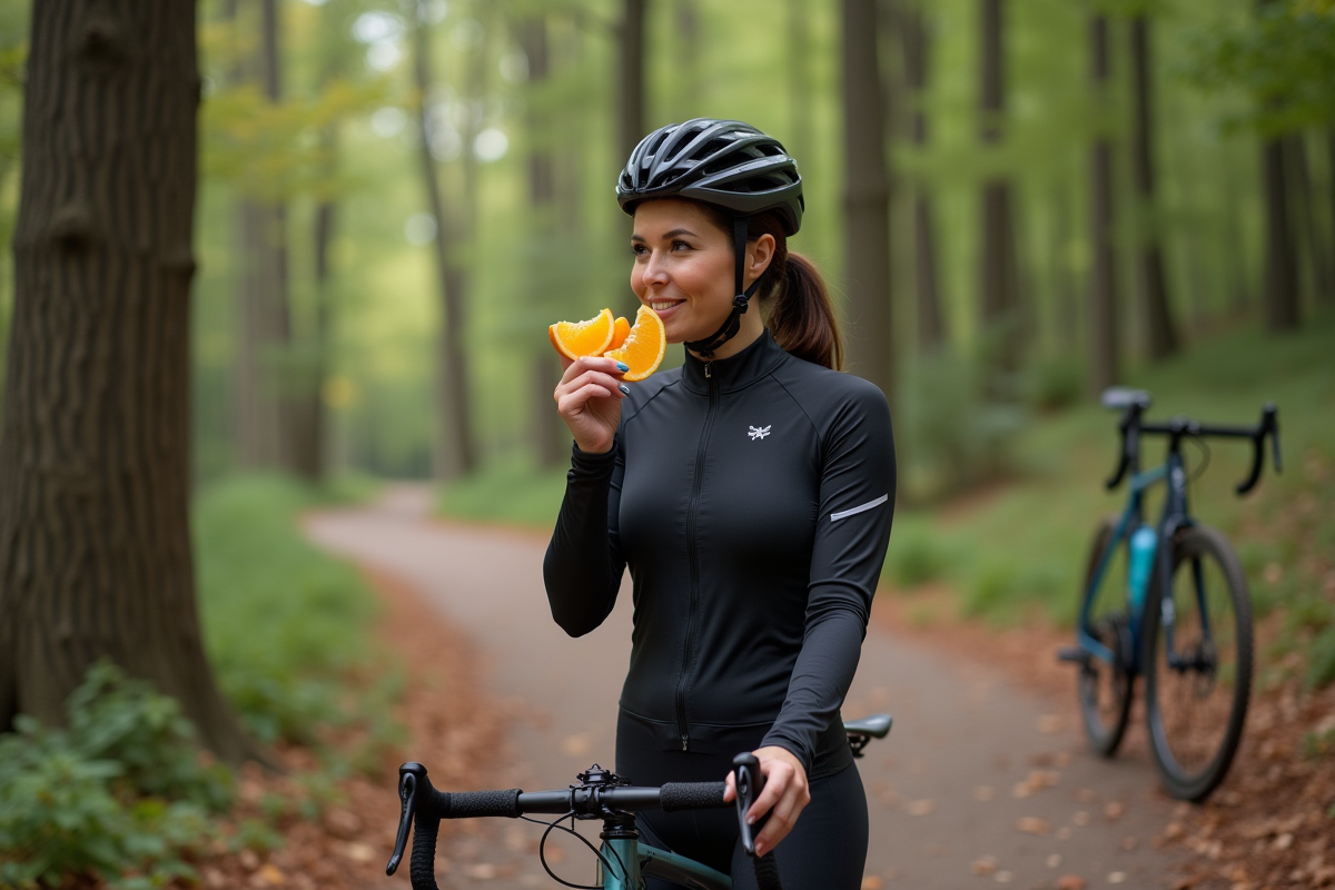 Femme cycliste mangeant une orange en forêt
